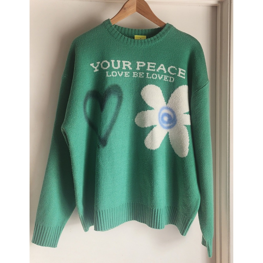 NEOITY Green "Your‎ Peace Love Be Loved" Heart Flower Knit Sweater Free Size
